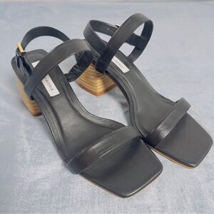 Saks Fifth Avenue Black Leather Square-Toe Block Heel Sandals
